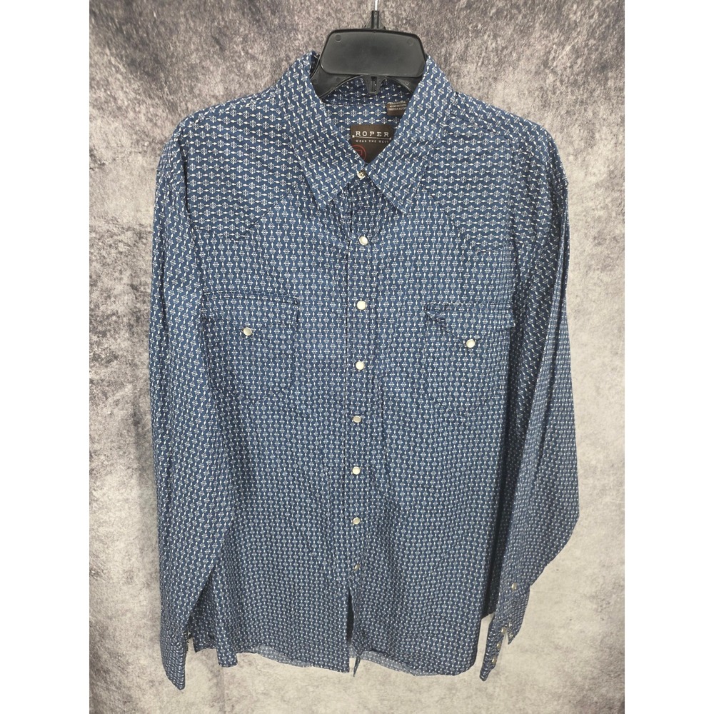 Roper Western Shirt Men XL Navy Blue Geometric Pearl Snap Cowboy Wear the West